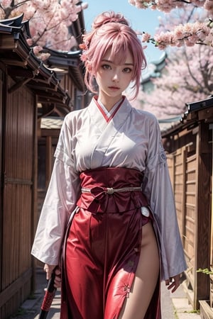 A 20-year-old woman with a fit and well-proportioned figure, standing at approximately 144 centimeters in height. She has short hair, eye-covering bangs, pink hair, a round face, and is dressed in a traditional Japanese samurai outfit, adorned with samurai armor and a katana at her waist. She might be standing in an ancient Japanese city, with a backdrop of historic architecture and a courtyard filled with blooming cherry blossoms. Her expression is filled with bravery and determination, as if she is a skilled female samurai, ready for battle. Her Japanese samurai attire signifies her sense of honor and loyalty.