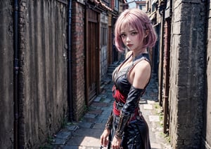 A 20-year-old woman with short hair, lash-grazing bangs, pink hair, a round face, and a height of approximately 144 centimeters, dressed in an outfit reminiscent of the Assassin's Creed style. Her attire combines elements from the medieval era, showcasing her wit and determination. She might be standing on the old city streets, surrounded by ancient architecture and narrow alleyways. Her expression is vigilant, brimming with wisdom and resolve, as if she's a member of the Assassin's Guild, preparing for a mysterious mission. Her Assassin's Creed style represents her intelligence and determination, as well as her love for history,perfect face,full_body