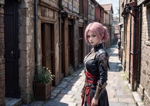 A 20-year-old woman with short hair, lash-grazing bangs, pink hair, a round face, and a height of approximately 144 centimeters, dressed in an outfit reminiscent of the Assassin's Creed style. Her attire combines elements from the medieval era, showcasing her wit and determination. She might be standing on the old city streets, surrounded by ancient architecture and narrow alleyways. Her expression is vigilant, brimming with wisdom and resolve, as if she's a member of the Assassin's Guild, preparing for a mysterious mission. Her Assassin's Creed style represents her intelligence and determination, as well as her love for history,perfect face,full_body