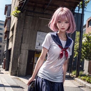 She has short hair, eye-covering bangs, pink hair, a round face, and is dressed in a sailor uniform, with a white top and a blue skirt, exuding youthful energy. She might be standing in a sunny school campus, surrounded by trees and campus buildings. Her expression is innocent and joyful, as if she's a spirited student, ready to face new challenges and friendships. Her sailor outfit represents carefree youthful days,full body