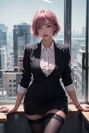 A 20-year-old woman with short hair, lash-grazing bangs, pink hair, a round face, and a height of approximately 144 centimeters, dressed in professional attire (OL outfit) complemented with black stockings. Her professional outfit is well-tailored, showcasing the professionalism and confidence of a career woman. The black stockings add a touch of sensuality and style to her ensemble. She stands in a modern office space, surrounded by tall buildings and office desks, with a view of the bustling city streets through the glass windows. Her expression exudes professional confidence, and she might be focused on work or preparing for a meeting. Her OL outfit and black stockings highlight her workplace charm and fashion sense.