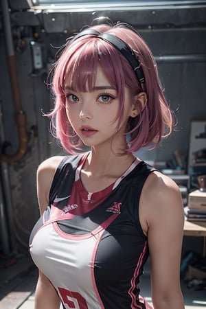 A 20-year-old woman with short hair, lash-grazing bangs, pink hair, a round face, and a height of approximately 144 centimeters, dressed in a sports jersey. The jersey may feature a modern design, with a snug fit that accentuates her graceful figure. The color of the jersey could be vibrant, with bold tones emphasizing a sporty style, while projecting a confident and energetic image.