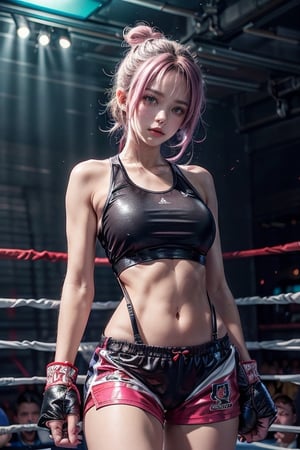 A 20-year-old woman with a slim and athletic figure, defined muscles, standing at approximately 144 centimeters in height. She has short hair, eye-covering bangs, pink hair, a round face,8K resolution,  masterpiece,  best quality,  realistic, cinematic lighting, extremely detailed ,,pose,Traditional ,little_cute_girl,3Dcinematic,and is dressed in a boxing outfit, including a boxing helmet, boxing gloves, a sports tank top with suspenders, and boxing shorts. She might be standing in a boxing ring, with the boxing arena and an enthusiastic crowd in the background. Her expression is filled with determination and confidence, as if she's a boxer ready to showcase her skills in the boxing ring. Her boxing attire represents her passion for sports and competition.