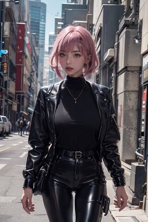 A 20-year-old woman with short hair, lash-grazing bangs, pink hair, a round face,