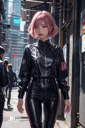 A 20-year-old woman with short hair, lash-grazing bangs, pink hair, a round face, 