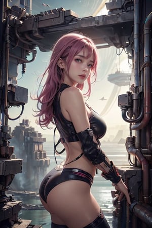 A 20-year-old woman with short hair, lash-grazing bangs, pink hair, a round face, and a height of approximately 144 centimeters, dressed in an outfit resembling that of a space warrior like Tifa. Her attire incorporates futuristic elements, reflecting her courage and determination. She might be standing in front of skyscrapers in a futuristic city, surrounded by high-tech aircraft and hover vehicles. Her expression is resolute, brimming with confidence and determination, as if she's an integral part of the future city, ready to face unknown challenges. Her space warrior style represents her yearning for the future and a spirit of adventure.