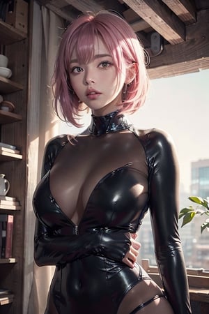 A 20-year-old woman with short hair, lash-grazing bangs, pink hair, a round face, and a height of approximately 144 centimeters, dressed in a snug-fitting bodysuit. The bodysuit emphasizes modern design, hugging her curves and highlighting her confidence and sensuality. The color palette features soothing tones, muted colors, and high contrast. The visuals maintain her natural skin texture with hyperrealism, soft lighting, and sharp features, presenting an incredibly alluring style. YAMATO personifies this bodysuit style.