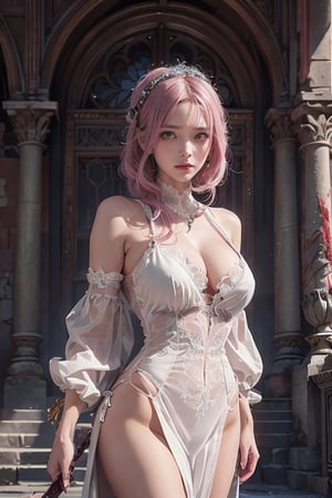 A 20-year-old woman with a slim and well-proportioned figure, standing at approximately 144 centimeters in height. She has short hair, lash-grazing bangs, pink hair, a round face, and is dressed in an outfit resembling that of Lady Maria from the game 'Bloodborne.' She wears a white flowing gown, elegant and dignified. She wields an elegant longsword, exuding a mysterious aura. She might be standing in an ancient castle, surrounded by ornate decorations and ancient stone walls. Her expression is regal and enigmatic, her gaze revealing a deep inner resolve. She appears as a mysterious and powerful female character, guarding ancient secrets.