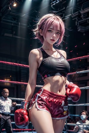 A 20-year-old woman with a slim and athletic figure, defined muscles, standing at approximately 144 centimeters in height. She has short hair, eye-covering bangs, pink hair, a round face, and is dressed in a boxing outfit, including a boxing helmet, boxing gloves, a sports tank top with suspenders, and boxing shorts. She might be standing in a boxing ring, with the boxing arena and an enthusiastic crowd in the background. Her expression is filled with determination and confidence, as if she's a boxer ready to showcase her skills in the boxing ring. Her boxing attire represents her passion for sports and competition.