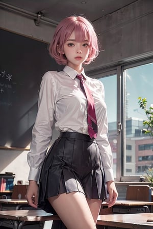 A 20-year-old woman with a slim and well-proportioned figure, standing at approximately 144 centimeters in height. She has short hair, eye-covering bangs, pink hair, a round face, and is dressed in a classic teacher's attire, including a blouse, tie, pleated skirt, and a pair of Mary Jane shoes. She might be standing in front of a classroom, with a blackboard and bookshelves in the background, creating an atmosphere filled with knowledge. Her expression is serious yet friendly, revealing her passion for education and students. Her teacher's attire represents her dedication to the field of education.