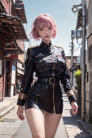 A 20-year-old woman with short hair, lash-grazing bangs, pink hair, a round face, and a height of approximately 144 centimeters, dressed in military uniform. Her military attire is neat and clean, reflecting discipline and confidence. She stands in front of a military base or the walls of a city, surrounded by modern architecture and equipment. Her expression is resolute, and she might be holding professional gear, exuding determination and confidence. Her military uniform represents discipline and professionalism, embodying a powerful and confident image.