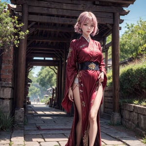 A 20-year-old woman with a slim and well-proportioned figure, standing at approximately 144 centimeters in height. She has short hair, lash-grazing bangs, pink hair, a round face, and is dressed in ancient martial arts attire. Her long robe flows elegantly, adorned with intricate embroidery, and she wears jade ornaments and hairpins. She might be standing by an ancient bridge, with a backdrop of scenic landscapes, serene waters, and ancient trees, all gently caressed by a soothing breeze. Her expression radiates the grace of a martial arts heroine, her gaze exuding wisdom and composure. She appears as if she is an ancient martial arts master, ready to embark on a mysterious adventure,full body,sexy pose