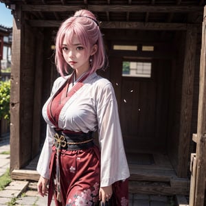 A 20-year-old woman with a fit and well-proportioned figure, standing at approximately 144 centimeters in height. She has short hair, eye-covering bangs, pink hair, a round face, and is dressed in a traditional Japanese samurai outfit, adorned with samurai armor and a katana at her waist. She might be standing in an ancient Japanese city, with a backdrop of historic architecture and a courtyard filled with blooming cherry blossoms. Her expression is filled with bravery and determination, as if she is a skilled female samurai, ready for battle. Her Japanese samurai attire signifies her sense of honor and loyalty,full body