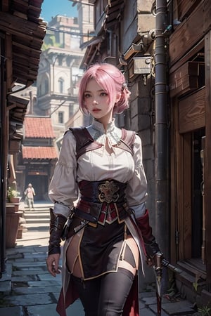 A 20-year-old woman with short hair, lash-grazing bangs, pink hair, a round face, and a height of approximately 144 centimeters, dressed in an outfit reminiscent of the Assassin's Creed style. Her attire combines elements from the medieval era, showcasing her wit and determination. She might be standing on the old city streets, surrounded by ancient architecture and narrow alleyways. Her expression is vigilant, brimming with wisdom and resolve, as if she's a member of the Assassin's Guild, preparing for a mysterious mission. Her Assassin's Creed style represents her intelligence and determination, as well as her love for history.