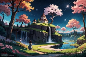anime, A magical night with fireflies dancing above a lush rice field,((In the evening:1.4)), A meandering cliff adds to the enchantment, big golem, fantasy, small magical pond, dungeons Entrance, group of cute Adventurer,Thick 
magical  cherry blossom woods and a dark, unlit tent in the backdrop, Star-strewn sky completes the scene, Anime style inspired by the works of Hayao Miyazaki, with a whimsical and fantastical touch, Shot with a wide-angle lens for a sweeping view, Rendered with vibrant, dreamlike colors and soft, ethereal lighting,
Add more details, anime , cinematic, (magazine cover, english-text1.3),weapon,eggmantech