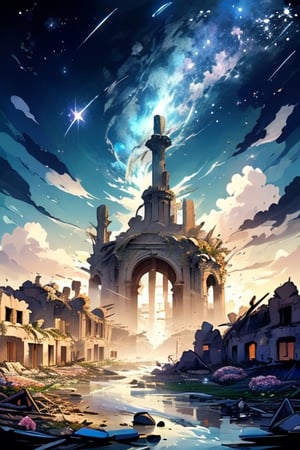 EpicArt,EpicSky, sky, star sky, cloud, flowing, flower, in ruins city,