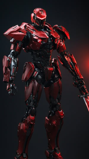 (ultra realistic,best quality),photorealistic,Extremely Realistic, in depth, cinematic light,mecha\(hubggirl)\,

a male robot soldier, holding two glowing red swords with both hands, dynamic poses, dark background,

particle effects, perfect hands, perfect lighting, vibrant colors, 
intricate details, high detailed skin, 
intricate background, realism, realistic, raw, analog, taken by Canon EOS,SIGMA Art Lens 35mm F1.4,ISO 200 Shutter Speed 2000,Vivid picture,cyborg,

full_body,Red mecha