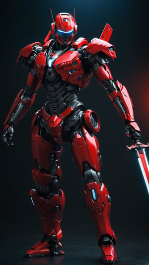 (ultra realistic,best quality),photorealistic,Extremely Realistic, in depth, cinematic light,mecha\(hubggirl)\,

a male robot soldier, holding two glowing red swords with both hands, dynamic poses, dark background,

particle effects, perfect hands, perfect lighting, vibrant colors, 
intricate details, high detailed skin, 
intricate background, realism, realistic, raw, analog, taken by Canon EOS,SIGMA Art Lens 35mm F1.4,ISO 200 Shutter Speed 2000,Vivid picture,cyborg,

full_body,Red mecha