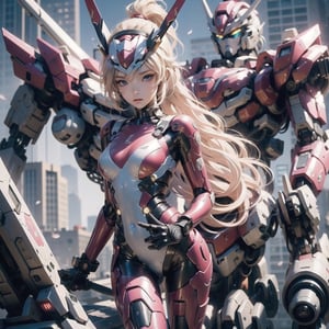 (masterpiece), science fiction, city, scenery, whole body, 1girl, long hair, ponytail, blond hair color, light blue eyes, mecha headgear, panoramic wide angle, Red sci-fi bodysuits color, on a TREADMILL, running,mecha