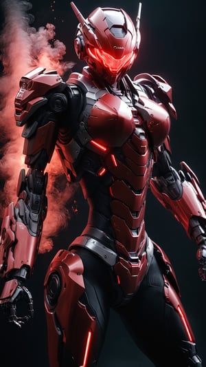 (ultra realistic,best quality),photorealistic,Extremely Realistic, in depth, cinematic light,mecha\(hubggirl)\,

a female robot soldier, glowing red, dynamic poses, dark background,

particle effects, perfect hands, perfect lighting, vibrant colors, 
intricate details, high detailed skin, 
intricate background, realism, realistic, raw, analog, taken by Canon EOS,SIGMA Art Lens 35mm F1.4,ISO 200 Shutter Speed 2000,Vivid picture,