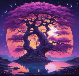 Luminous Reverie: The Purple Tree of Celestial Dawn, A finely detailed digital painting by Justin Gerard, influenced by Beeple and Jeremiah Ketner, featuring a purple tree standing majestically in the middle of a serene lake. The far-view perspective captures the celestial light of both a rising moon and a radiant sunrise, illuminating the tree and the cherry blossom forest that surrounds it. The tree itself seems to emanate a serene smile, as if in harmony with the blossoming rhythm of nature. The overall composition is awe-inspiringly perfect, capturing the psychedelic art influences in an extra detailed manner. Drawn with: Techniques that masterfully blend celestial and psychedelic elements to create an awesome, great composition with intricate details, set against a background of sunset and sunrise light., Mysterious