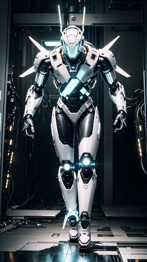 (full body:1.5),Luminoth stands as a testament to the convergence of human ingenuity and advanced technology, a formidable warrior whose metallic frame glows with the luminance of LED lights. Encased in sleek, silver armor with accents of pulsating LEDs, Luminoth embodies the perfect fusion of man and machine.

Its visage is a symphony of technological prowess, featuring a faceplate adorned with a subtle blue glow emanating from its ocular sensors. The LED lights embedded in its armor flicker and shift in rhythm with its movements, casting an ethereal glow that highlights the intricate details of its cybernetic design.

Luminoth's limbs, composed of resilient alloys, move with a precision that only advanced robotics can achieve. Each step is accompanied by a soft hum, a harmonious melody that resonates with the futuristic energy coursing through its artificial veins.

Armed with a sleek energy blade, Luminoth is a guardian of the digital frontier, a cybernetic warrior ready to defend against any threat. Its presence on tensor.art captures the essence of technological marvel, blending the strength of a warrior with the allure of LED-lit aesthetics in a captivating visual display.,ROBOT,neotech