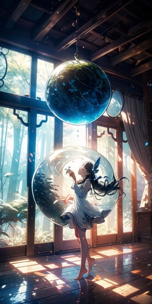 A fairy with closed eyes, long hair to the floor, barefoot, white skin, leaf-textured forest dress, holding a round transparent sphere, ball, forest background, low indirect lighting, cinematic, full_body