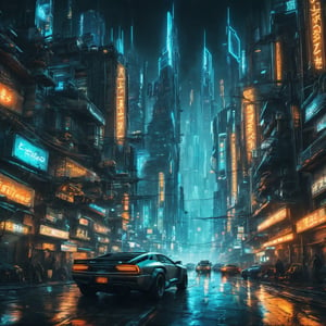 Sci-fi cityscape (cyberpunk:1.2) at night, with futuristic skyscrapers (cars hovering above the street:1.2) and neon signs casting a vibrant glow. The scene is a symphony of cyberpunk aesthetics, with neon-soaked streets, intricate details, and a sense of frenetic energy. (monochrome, epic composition, complicated background)