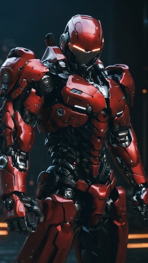 (ultra realistic,best quality),photorealistic,Extremely Realistic, in depth, cinematic light,mecha\(hubggirl)\,

a male robot soldier, holding two glowing red swords with both hands, dynamic poses, dark background,

particle effects, perfect hands, perfect lighting, vibrant colors, 
intricate details, high detailed skin, 
intricate background, realism, realistic, raw, analog, taken by Canon EOS,SIGMA Art Lens 35mm F1.4,ISO 200 Shutter Speed 2000,Vivid picture,cyborg