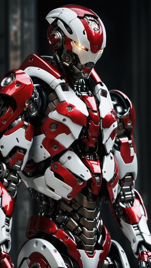 A close-up shot of a biomechanical soldier in futuristic red and white mechanical armor, reflecting off the metallic surface with intense realism. The hyper-detailed robotic body appears to be grafted onto the human form, as if cybernetic enhancements have taken over. Cinematic lighting casts dramatic shadows on the subject's face, highlighting the contrast between organic and synthetic materials. Framed against a dark, gritty background, the mecha-soldier stands at attention, its gaze fixed intently forward.,cyborg
