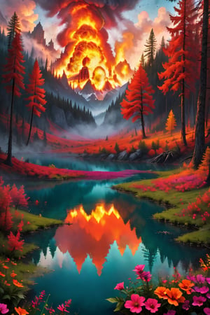 vibrant fiery warhammer 40k-themed secluded flowery forest lake at dawn, breathtaking gothic grand sci-fi, clashing colors, futuristic, militaristic, dramatic, cinematic, bold, larger-than-life, pauldrons, flaming, hot, warm, dynamic, melting, burning, saturated, colorful, color-rich