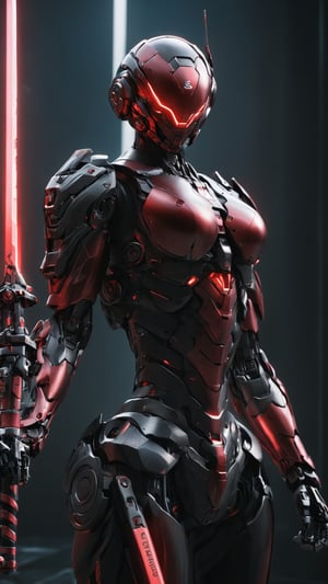 (ultra realistic,best quality),photorealistic,Extremely Realistic, in depth, cinematic light,mecha\(hubggirl)\,

a female robot soldier, holding two glowing red swords with both hands, dynamic poses, dark background,

particle effects, perfect hands, perfect lighting, vibrant colors, 
intricate details, high detailed skin, 
intricate background, realism, realistic, raw, analog, taken by Canon EOS,SIGMA Art Lens 35mm F1.4,ISO 200 Shutter Speed 2000,Vivid picture,cyborg