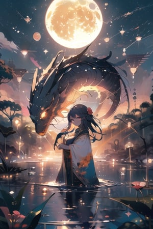 One girl(adult), black long hair, pink eyes, shy smile, big breast, masterpieces (masterpiece :1.1), best quality, high quality, chlotes( chlotes :1.2), background (jungle, flower, clean sky, water, high moon, night, moon light)