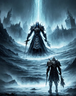 Dark fantasy themed image, Dark souls artstyle and scenary. the lich king waorld of warcraft character entering a destroyed castle. photorealistic, 4k, dark themed
