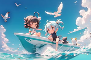 2girl, 3d, chibi style, A lively cartoon beach scene with sunbathing turtles, surfing penguins, and seagulls soaring through the clear blue sky,
