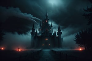 (dark castle:1.2), (cinematic and haunting:1.3), Immerse yourself in the haunting atmosphere of a big, dark castle, enshrouded in ghostly smoke. The horror theme is intensified with high contrast, cinematic lighting, and super vibrant colors against a cinematic background, delivering a photo-realistic and dynamic scene that captures the essence of a chilling short cinematic experience.