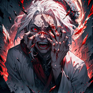 best quality,HQ,8K, Elric of Melniboné, albino man, long hair milk-white. tapering, beautiful head, two slanting eyes, ((red eyes)), loose sleeves ,boodstained robes, Germany Male, enraged, twisted lips, bloody  face, insane, evil, grim smile  mad with power, cruel,
bloodied hands, insane, tears, fury, rage,hands on forhead,fighting his inner demons,
,High detailed, corrupt by evil powers,High detailed 