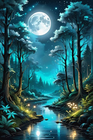 Beautiful enchanted forest illuminated at night sky full moon star bioluminescent trees rivers plants gray digital painting, cyberpunk