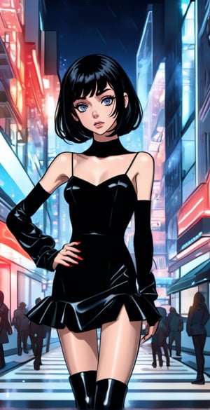Full body shot, extra realistic, photography, 4k, 1girl, 12yo, caucasian, perfect body, perfect face, skinny body, beautiful face, bob haircut, black hair, mesh see-through minidress, high heels over the knee boots, in a fancy street, detailed background, shy smile, red lipstick,anime style