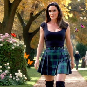 sologirl, masterpiece, Jennifer Connelly walking in a park, surrounded by butterflies, flowers, unicorn, stars, bubbles, best quality, ray tracing, hdr, volumetric lighting, (full body shot), facing viewer, (shy smile), photo, (medium breasts), tight tartan pleated miniskirt, one shoulder black top, black long boots, high heels ,Masterpiece,jenniferconnelly,photorealistic, over the knee boots,skswoman