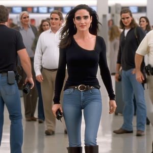 sologirl, masterpiece, young Jennifer Connelly standing in an airpot, surrounded by paparazzi, best quality, ray tracing, hdr, volumetric lighting, (full body shot), facing viewer, shy smile, photo, (medium breasts), tight skinny jeans, one shoulder black top, black long boots, high heels ,Masterpiece,jenniferconnelly