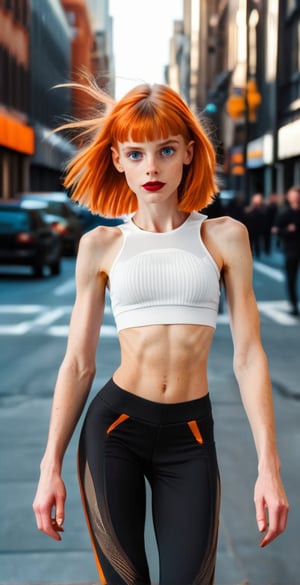 (Full body shot:1.4),  ultra realistic photography,  a young Leeloo from the Fifth Element riding a moto in a futuristic city, in daylight, crowded place, perfect face, beautiful face, perfect body, skinny body, orange hair, smooth hair, fringe, bang, perfect boobs, 12yo, very happy, smile, red lipstick, detailled background, bob haircut, perfect boobs,  white tank top, orange bow, tight yoga pant, high heels, (showing flat belly:1.4), flat belly, flat stomach, red lipstick, ((full body shot)),thylane