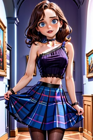 ((full body shot)), A young girl, radiant with joy, stands proudly in a vibrant art museum setting. The soft lighting highlights her features: long eyelashes framing sparkling eyes, a shy smile beneath heavy make-up, and styled brown hair adorned by a delicate choker. Her slender figure is showcased in a one-shoulder lacy tight top showing belly and tartan pleated skirt, glasses perched on the end of her nose adding whimsy. The camera captures her confident pose, navel and belly subtly visible as she gazes out at the museum's richly detailed background.