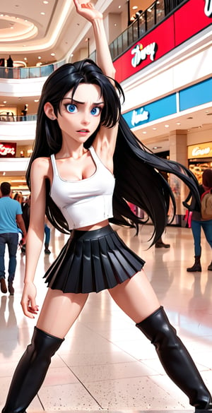 (Full body shot:1.4),  side view, low angle view, ultra realistic photography,  a young Tifa Lockhart in a mall, crowded mall, perfect face, beautiful face, skinny body, black hair, freckles, 12yo, very angry, red lipstick, detailled background, long smooth hair, very long hair, perfect boobs, large breast, white tank top, pleated black miniskirt, showing belly, black over the knee boots, red lipstick, hanging hair,high heels, leather jacket, arms up, one arm_raised,disney pixar style