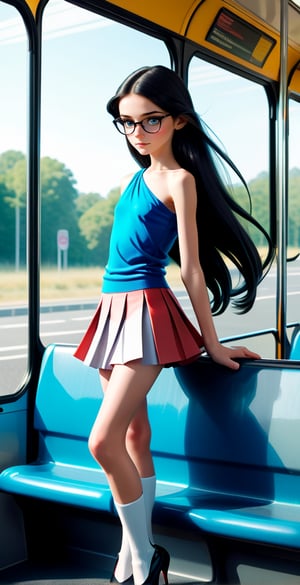 A striking full-body shot of a 11-year-old model on a Japanese bus, shy and afraid. She stands tall in a split skirt, one shoulder meshtop revealing her flat belly, as her long black hair flows like a waterfall down her back. Morning light through the windshield highlights her porcelain skin texture. Her features are photorealistic, with a slender physique, high heels, and over-the-knee boots. Red lipstick defines her big fat lips, while glasses add a touch of sophistication to her striking appearance.,lora_claire,skinny