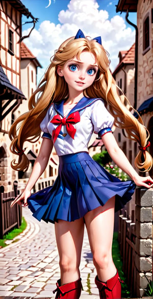 (Full body shot:1.4),  low angle view, ultra realistic photography,  a young Sailor Moon leaning on a fence in a medieval village, in daylight, perfect face, beautiful face, skinny body, blond hair, freckles, 12yo, very happy, smile, red lipstick, detailled background, long smooth hair, twin_braid, very long hair, perfect boobs,  white and blue top, red bow, pleated miniskirt, showing belly, red over the knee boots, red lipstick, blue eyes, holding a scepter and a whip,hanging hair,thylane,skirtlift,disney pixar style