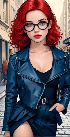 (full body shot), A stunning 20-year-old woman stands confidently, her gaze direct at the camera, wearing a sleek leather jacket and pleated skirt that accentuate her toned physique. Her luscious red curls cascade down her back, framing her porcelain-doll face with its defined features: big lips, prominent cheekbones, and piercing blue eyes. A pop of bright red lipstick adds a touch of sassiness. She sports  glasses perched on the bridge of her nose, adding to her mysterious allure. Her high heels click softly on the iconic Fifth Avenue pavement, Manhattan's bustling streets blurred in the background like a watercolor painting. The atmosphere exudes vintage glamour,anime style,,,watercolor_artwork