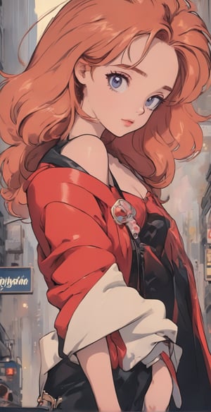 (full body shot), A stunning 20-year-old woman stands confidently, her gaze direct at the camera, wearing a sleek leather jacket and tight pants that accentuate her toned physique. Her luscious long red curls cascade down her back, framing her porcelain-doll face with its defined features: big lips, prominent cheekbones, and piercing blue eyes. A pop of bright red lipstick adds a touch of sassiness. She sports bold sunglasses perched on the bridge of her nose, adding to her mysterious allure. Her high heels click softly on the iconic Fifth Avenue pavement, Manhattan's bustling streets blurred in the background like a watercolor painting. The atmosphere exudes vintage glamour,anime style,oil paint,VintageMagStyle