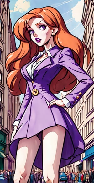 (Full body shot:1.4),  anime style,  a young Daphne Blake standing in a busy street of London, in daylight, crowded place, skinny body, perfect face, beautiful face, perfect body, long wavy red hair, purple bow in the hair, perfect boobs, 12yo, shy smile, red lipstick, detailled background, perfect boobs, (purple thight miniskirt:1.4), purple bra, showing belly, high heels, fishnets tights, undersized clothes,long ginger hair,hairband,glamourous makeup, huge breasts, big_boobs,watercolor,