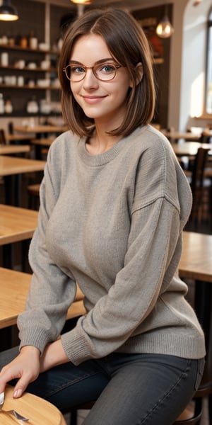 1girl, solo, french, 26 yo,  marineblueeyes, grey sweater, black skinny jeans, large breasts, glasses, brown hair, bob haircut, short hair, shy smile, facing viewer, best quality, amazing quality, very aesthetic, sitting at a table in a pizzeria